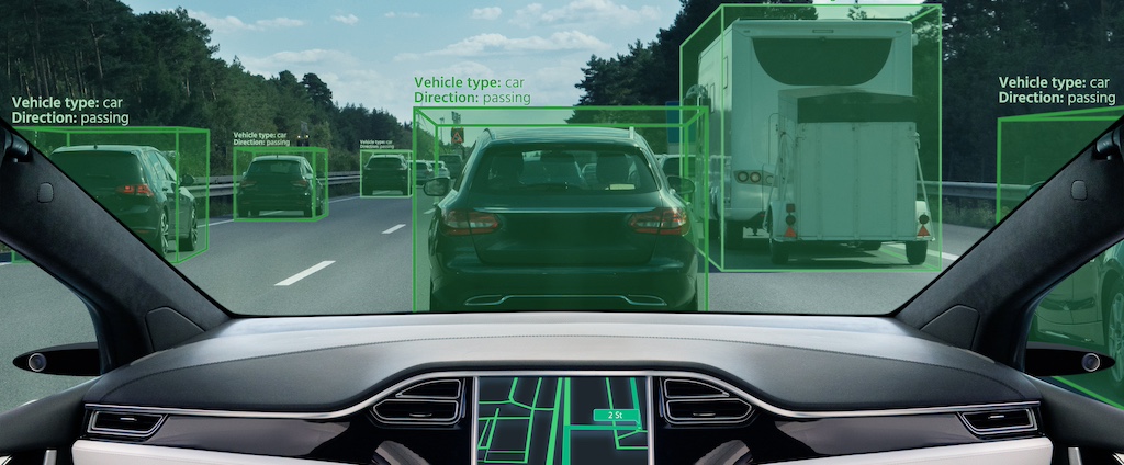 Self driving car on a road.